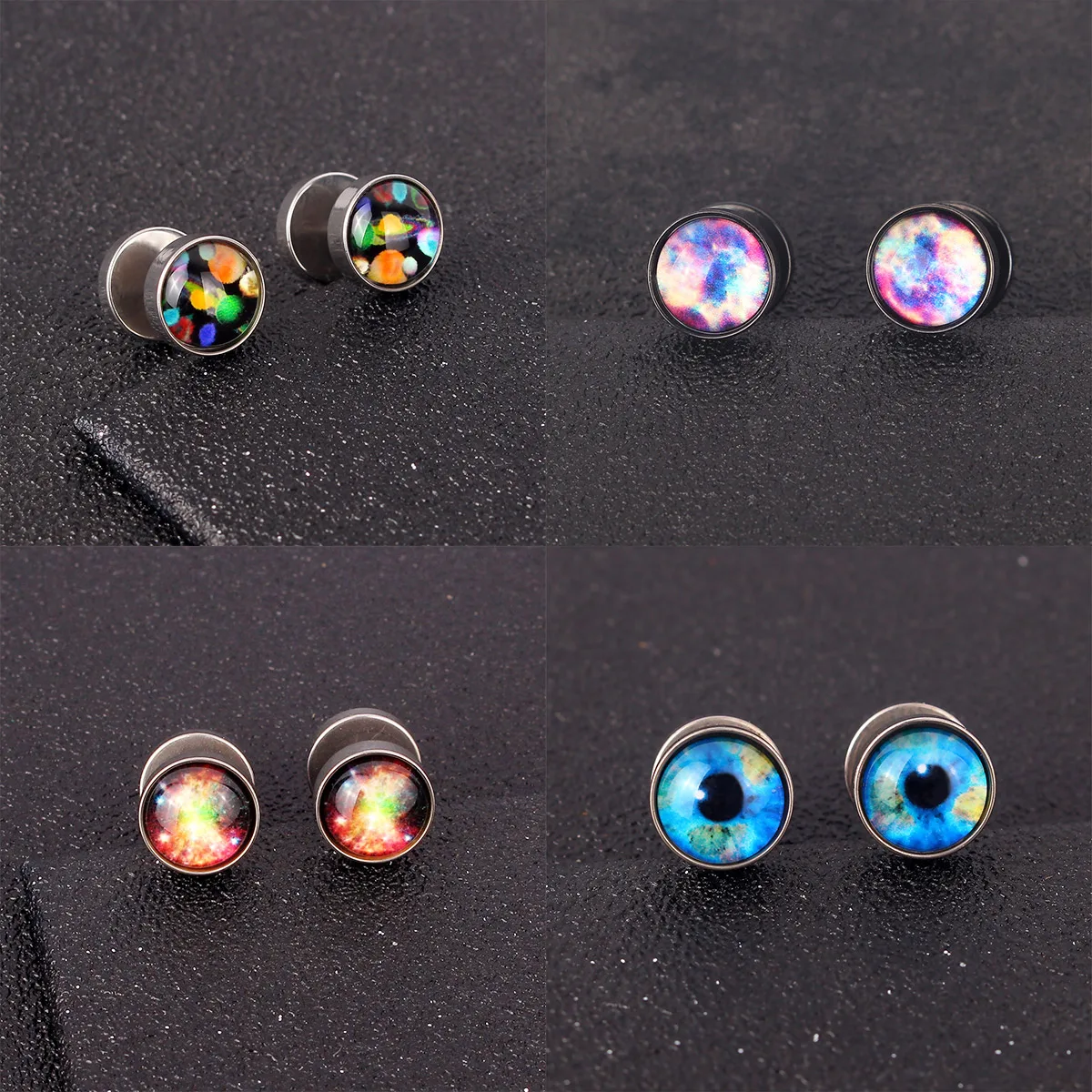 1 Pair of fashionable men\'s space round earrings, punk beast pupil elements, female earrings