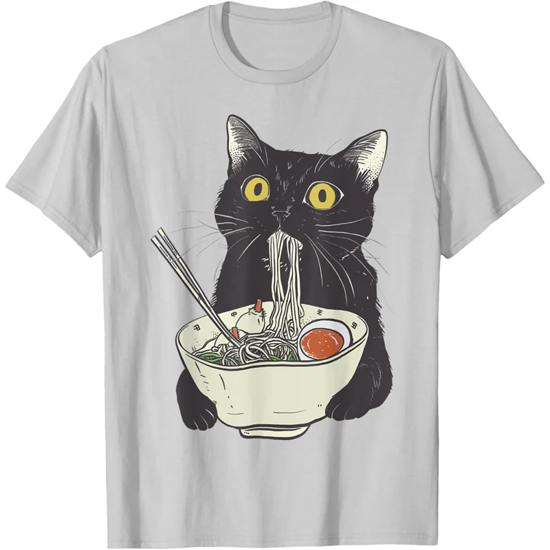 Funny Cat Pattern T-Shirt For Women Food Noodles 3D Printed Short Sleeves Summer Leisure Tees Round Neck T Shirts Loose Tops