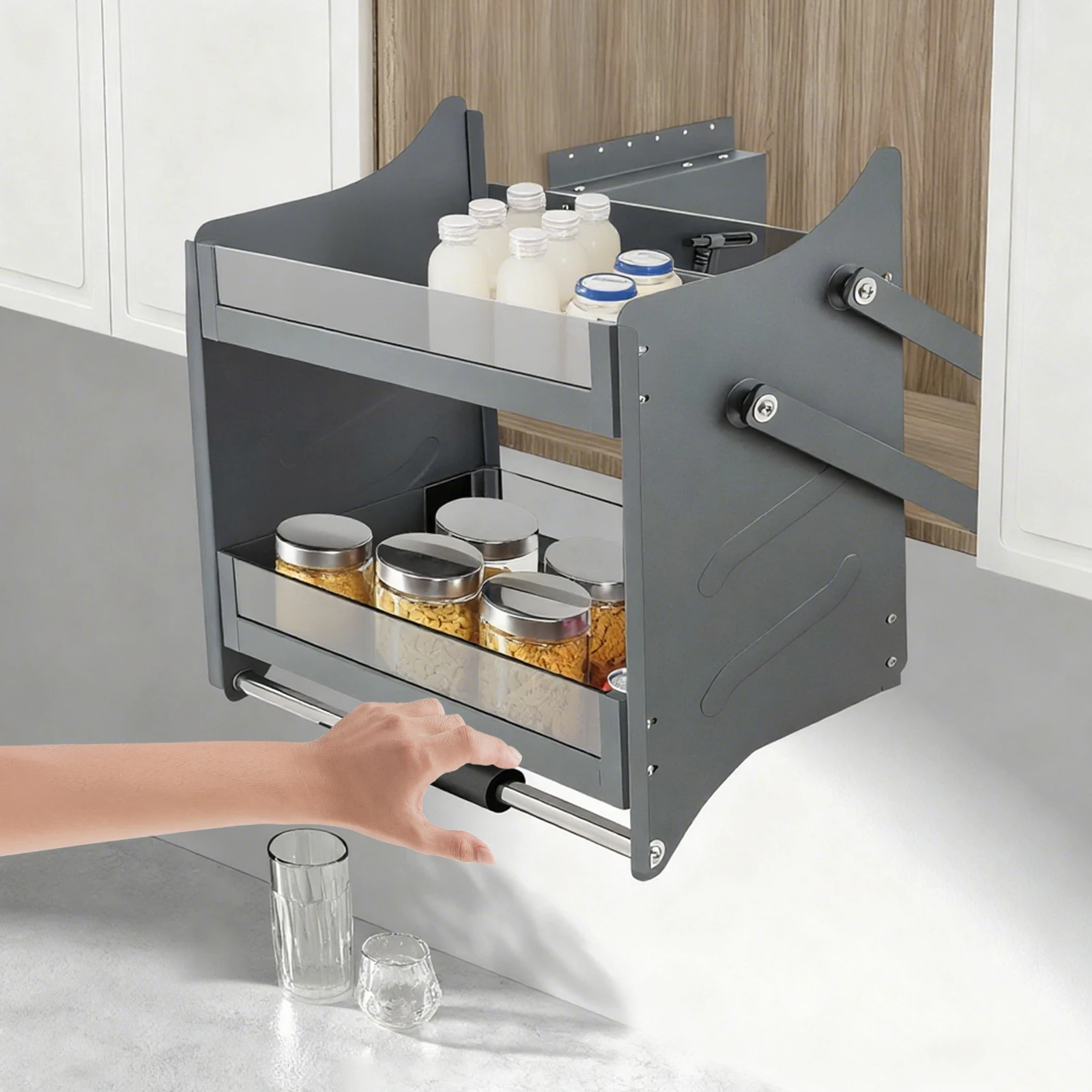 

Black Aluminum Steel 57*57*28cm Crystal Elevator Basket with High Load-bearing Lower Basket Cabinet Pull-down Rack