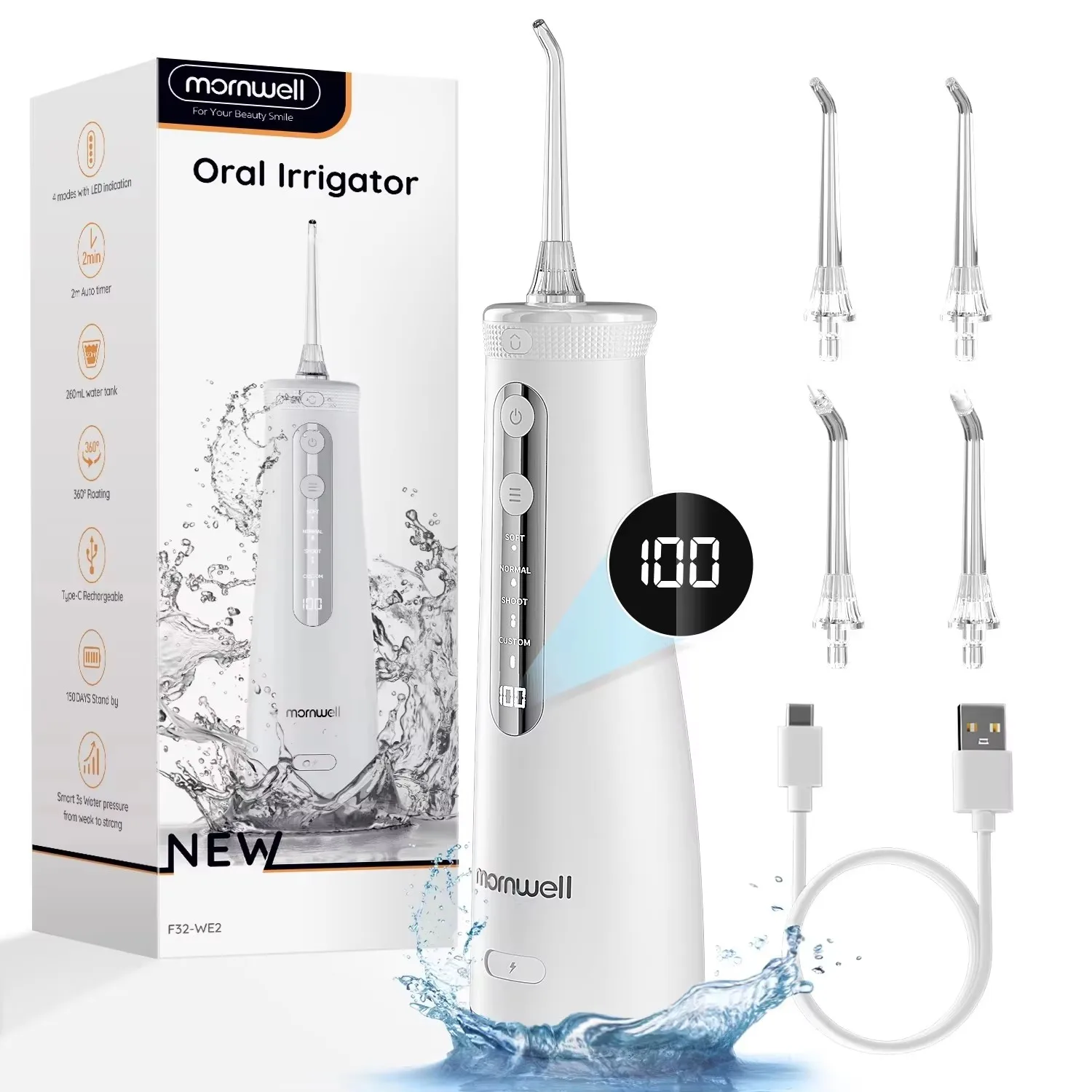 Cordless Water Dental Flosser 4 Jet Tips 4 Modes 260ML Portable Rechargeable Oral Irrigator IPX7 Waterproof for Gums Braces Care