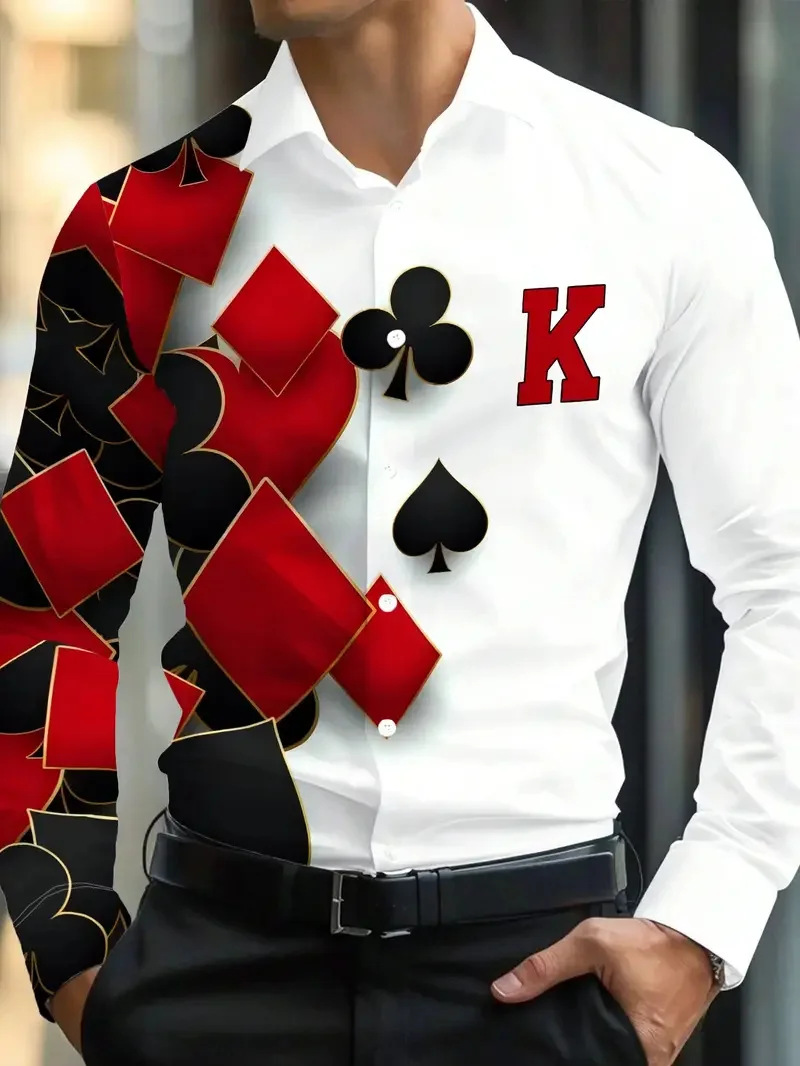 Men Stylish Button‑Up Shirt Vintage Poker Playing Card Art Print Long Sleeve Turn‑down Collar Trendy Night‑out Casual Top