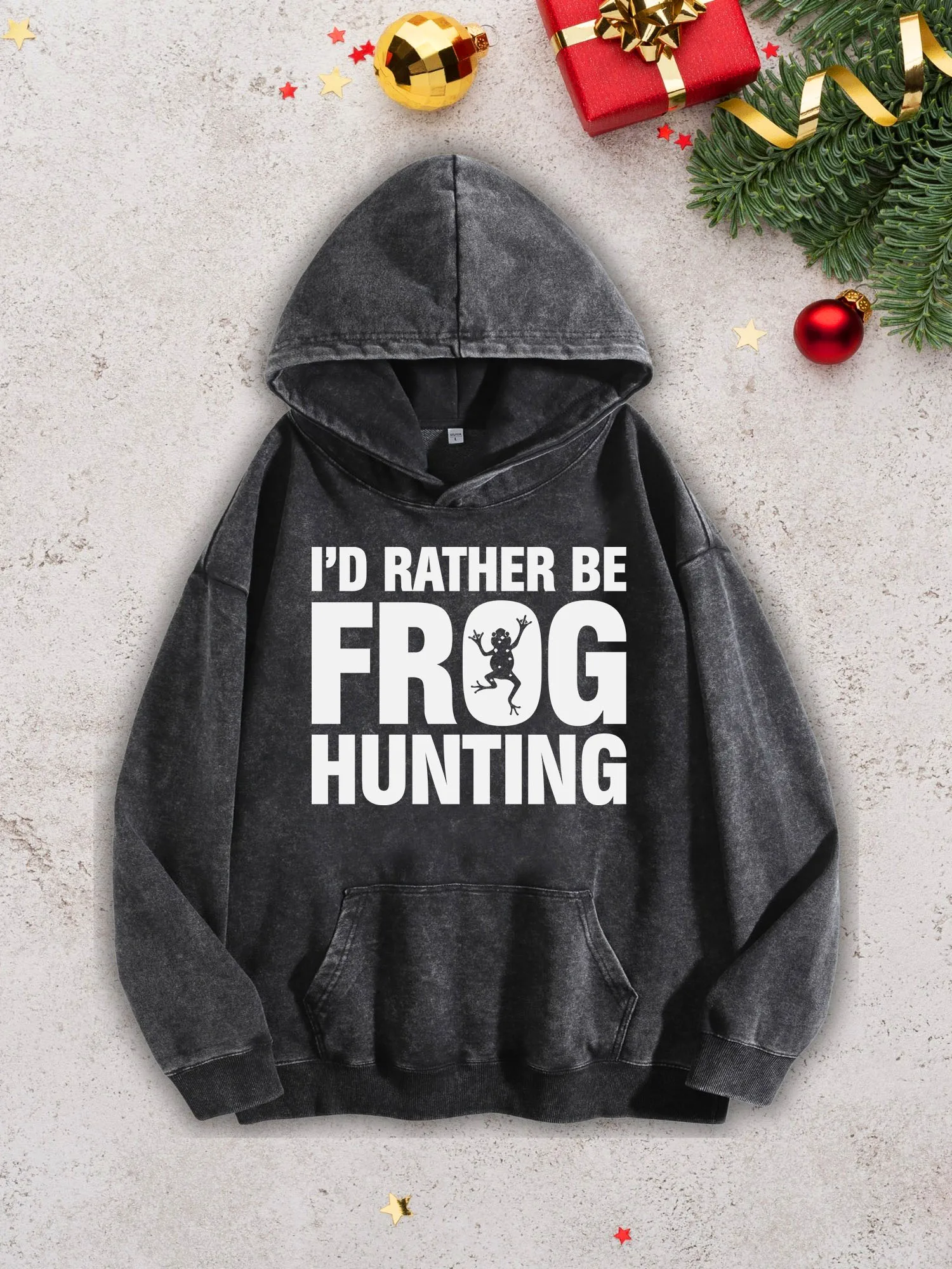 Frog Hunting Men's Heavyweight Hoodie - Acid Wash Retro Black Pullover, Fall & Winter Sweatshirt 400Gsm