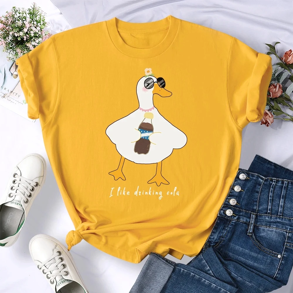 

Sunglasses Drink Duck Design Women Tee Shirts Summer Comfortable T-Shirt Casual Crewneck Clothes Hip Hop Soft Woman Short Sleeve