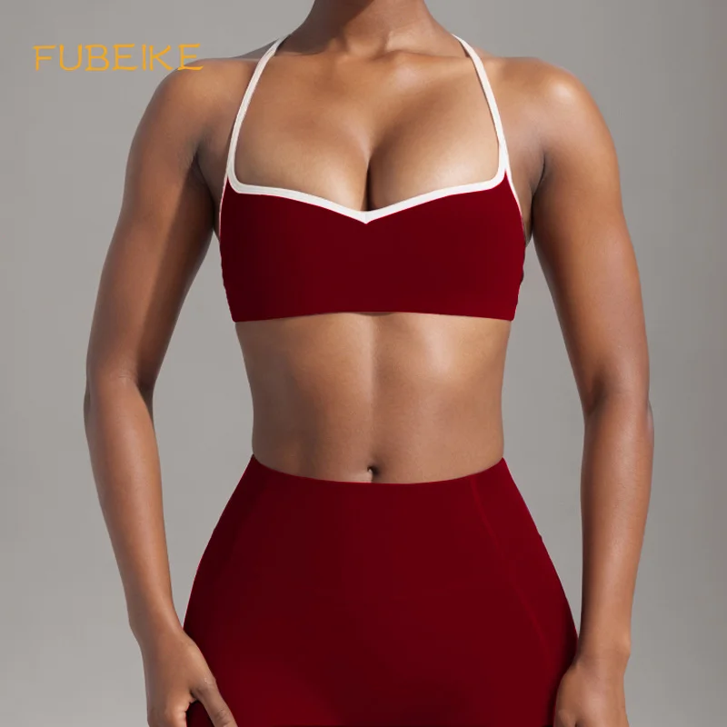 

FUBEIKE Nude Feel Beauty Back Sportswear Woman Gym Purplish Red Bra Women's Tracksuit Shoulder Straps Peach Workout Leggings