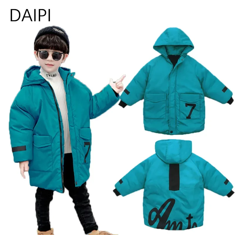 4-14 Year Children's Jacket Boys Digital Hooded Thicken Mid-length Warm Cotton Coat Winter Fashion Big