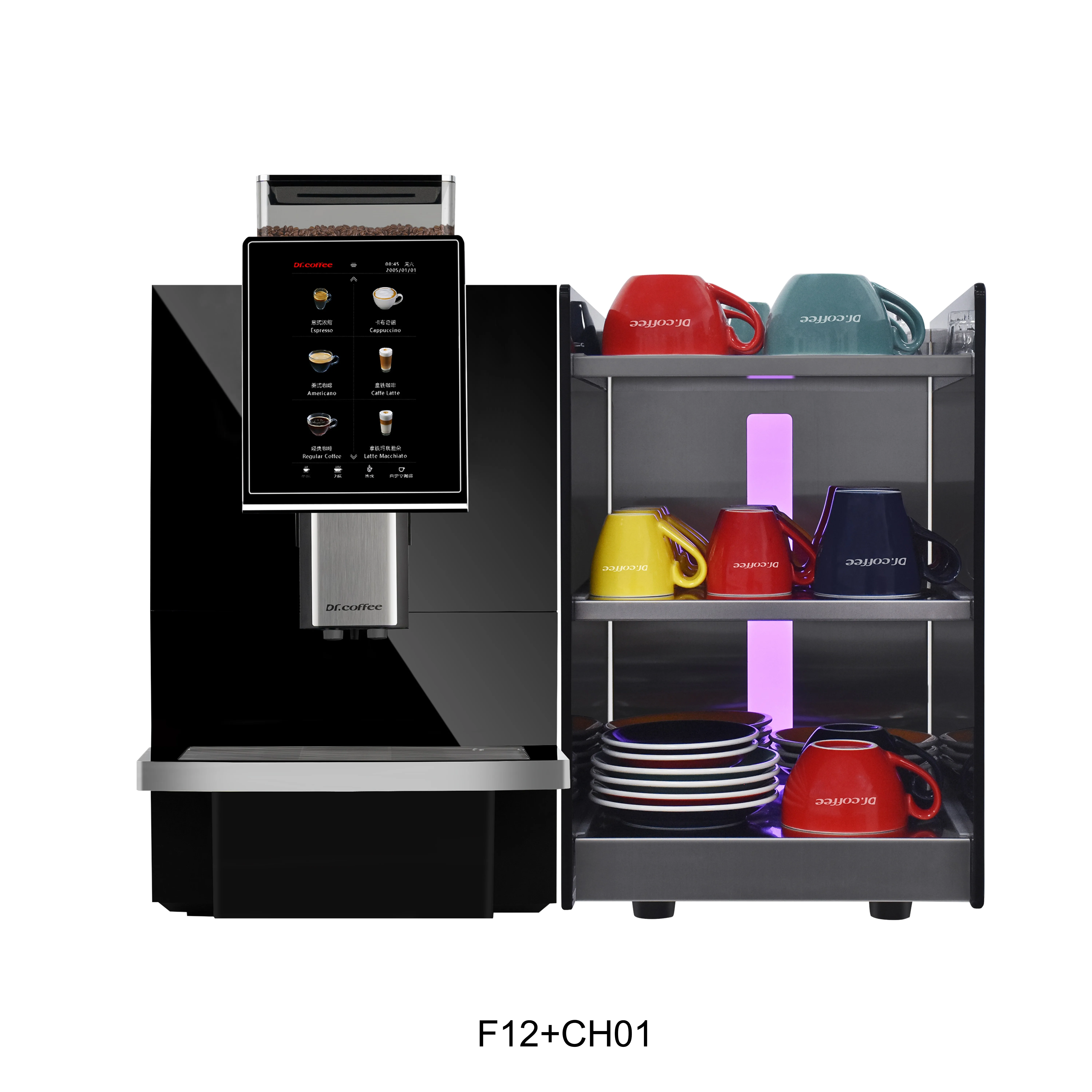 Mesin Espresso Otomatis Penuh Layar Sentuh Hitam Dengan Penggiling dan Pembersihan Otomatis