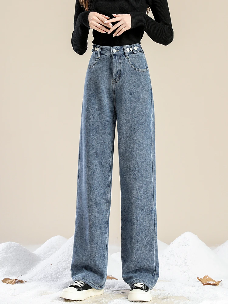 ฤดูใบไม้ผลิ ฤดูร้อน กางเกงยีนส์ขาตรงเอวสูงทรงหลวมสำหรับผู้หญิงไซส์ใหญ่ ผ้าฝ้ายผสมสไตล์เกาหลีลำลอง ช่วยพรางหุ่นให้ดูเพรียว