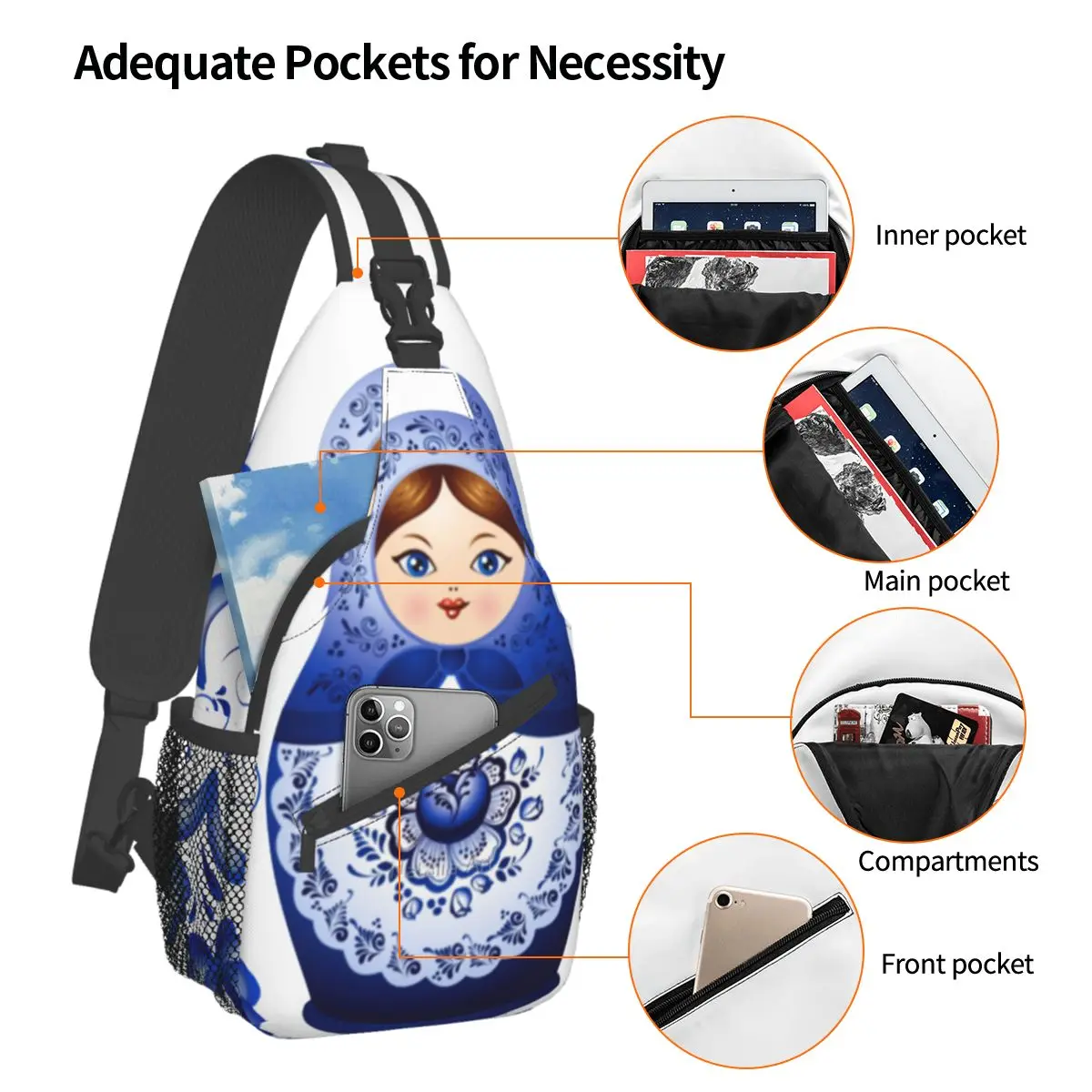 Matryoshka Doll Russian Gzhel Crossbody Sling Bags Small Chest Bag Khokhloma Shoulder Backpack Daypack for Hiking Outdoor Travel