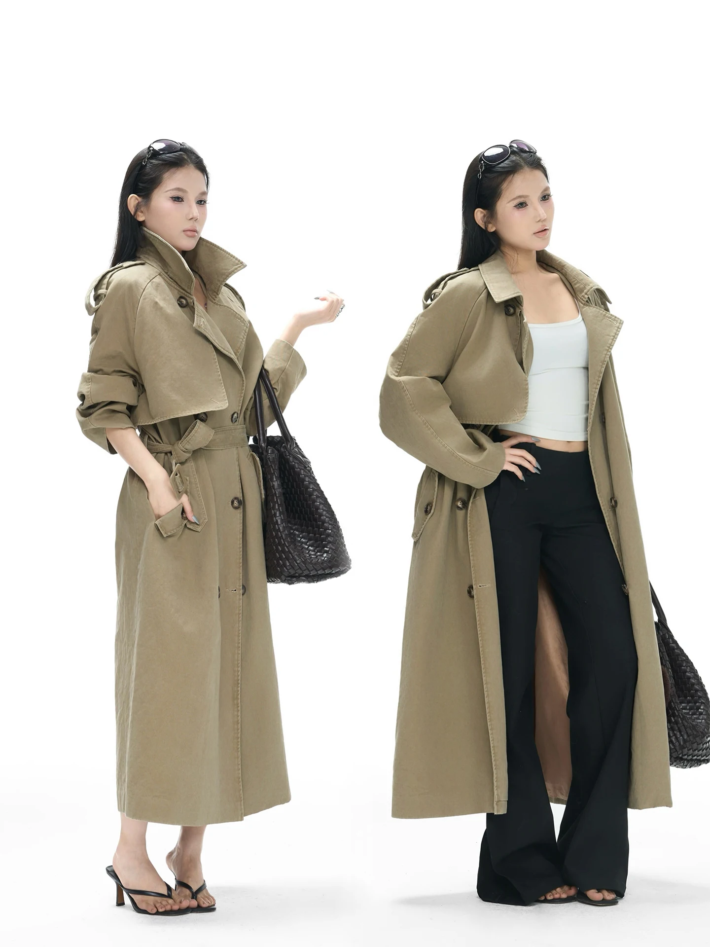 

Длинное пальто из чистого хлопка с эффектом поношенности, с завышенной талией, в корейском стиле, с рукавами «летучая мышь»