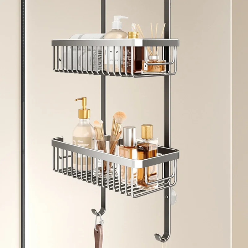 Easy Install Glass Door Hanging Shelf Space-Efficient Bathroom Organizer No Drill Required Towel and Essentials Storage Rack