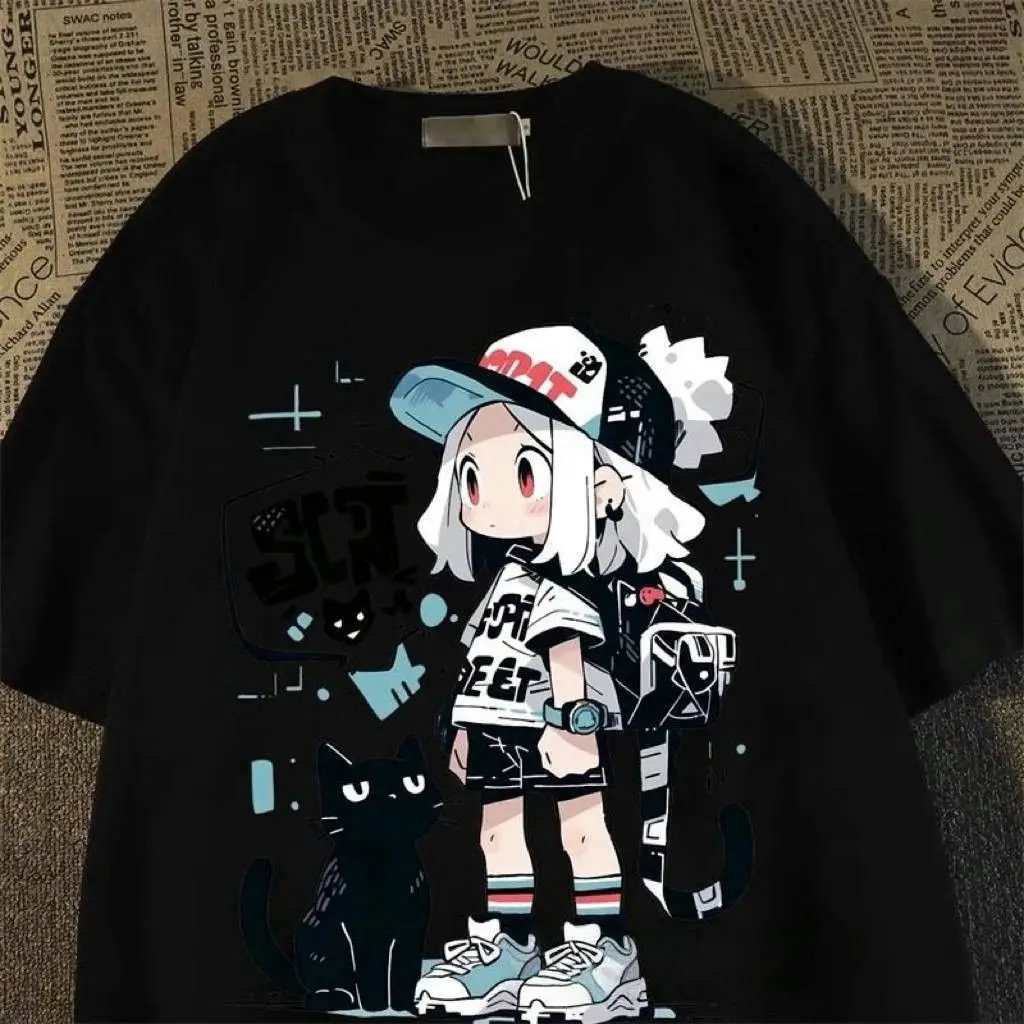 

Cartoon 2D Baseball Girl Printed Short-sleeved T-shirt Men Summer Casual Hong Kong Style Women Clothing Harajuku
