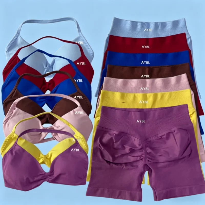 AYBL 2PCS Yoga Set Gym Set Women Strappy Yoga Bra Top High Waist Workout Scrunch Shorts Sports Suit Seamless Yoga Set Fitness
