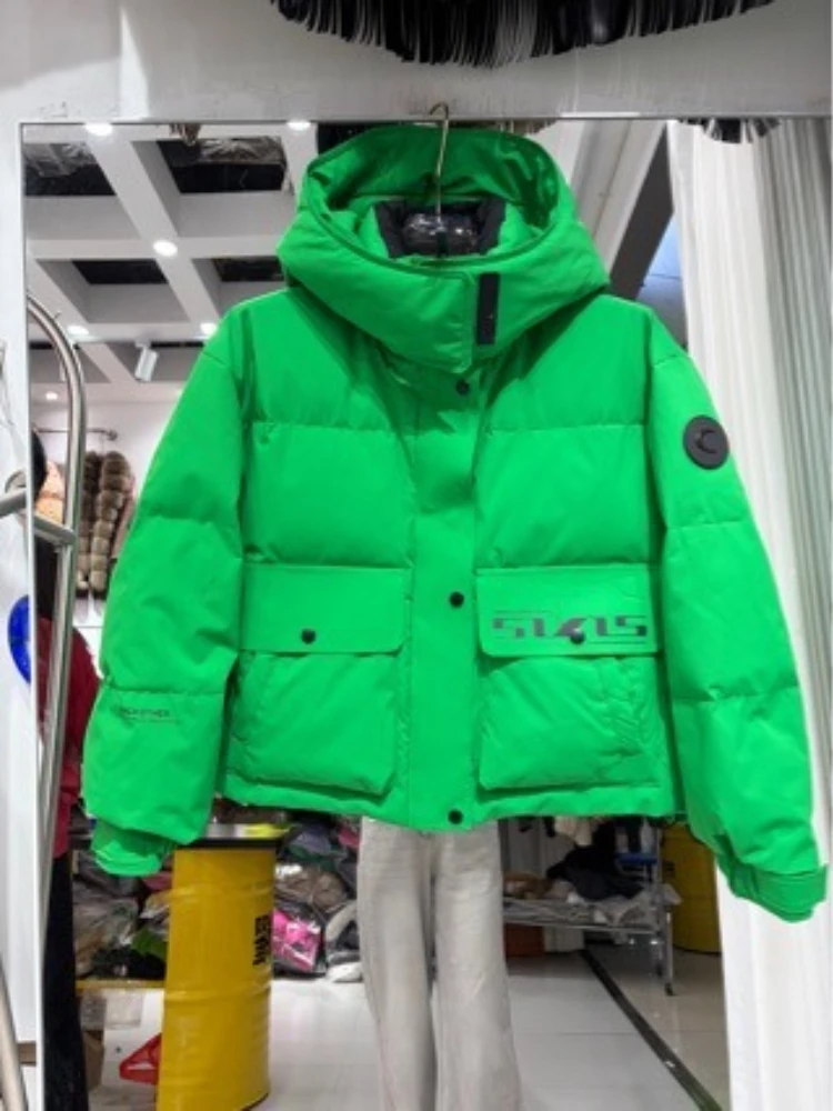 Down Jacket Women 2026 Winter Streetwear Color Block Letter Hooded Thick Warm Waterproof Padded Outerwear Trendy Quilted Parka