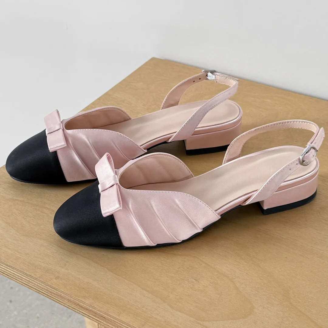 

Женские сандалии-слингбэки из атласной ткани с разноцветными вставками, круглым носком, плиссированные, с милым бантом, повседневная женская обувь на каждый день