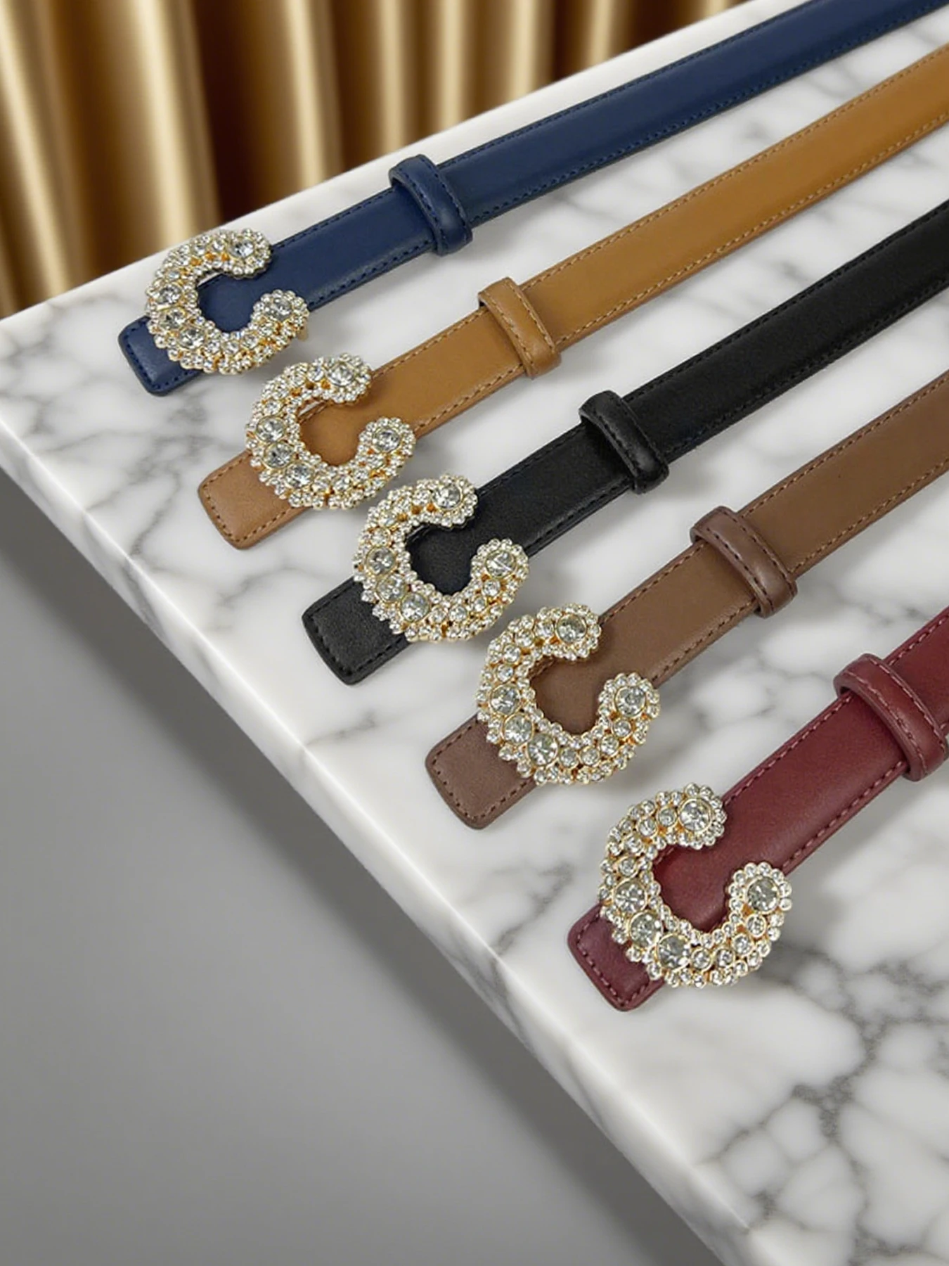 حزام بنمط جديد بإبزيم على شكل حرف C، حجر الراين، شعور راقي، حزام نسائي، حزام OL عصري، ألوان متعددة #3