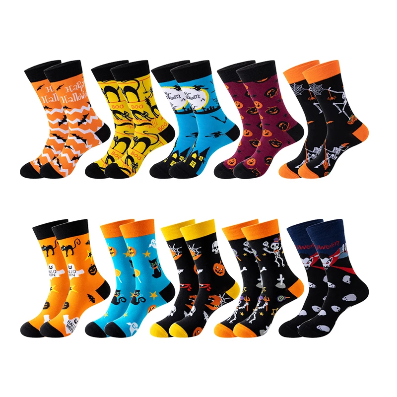 Klassische Männer Frauen Mittleren Rohr Socken Lustige Cartoon Halloween Vintage Katze Fledermaus Schädel Kürbis Paare Casual Baumwolle Business Socken