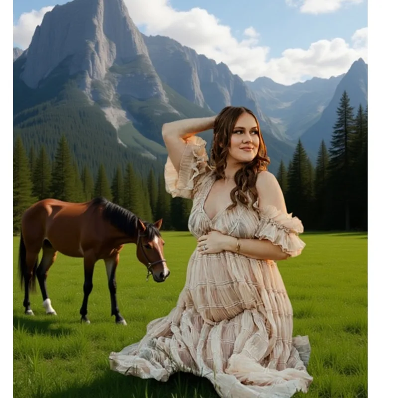 Layered Maternity Gown - 3D Hydrangea Chiffon Photo Dress - Breathable Pregnancy Shoots Photographie de vêtements de maternité