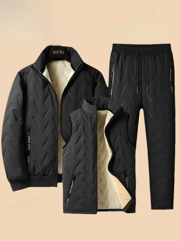 

Men's Winter Thiened Fce Lined Lamb Velvet Stand Collar Cotton Jaet And Pants Tee Piece Set Warm Faionable Casual ...