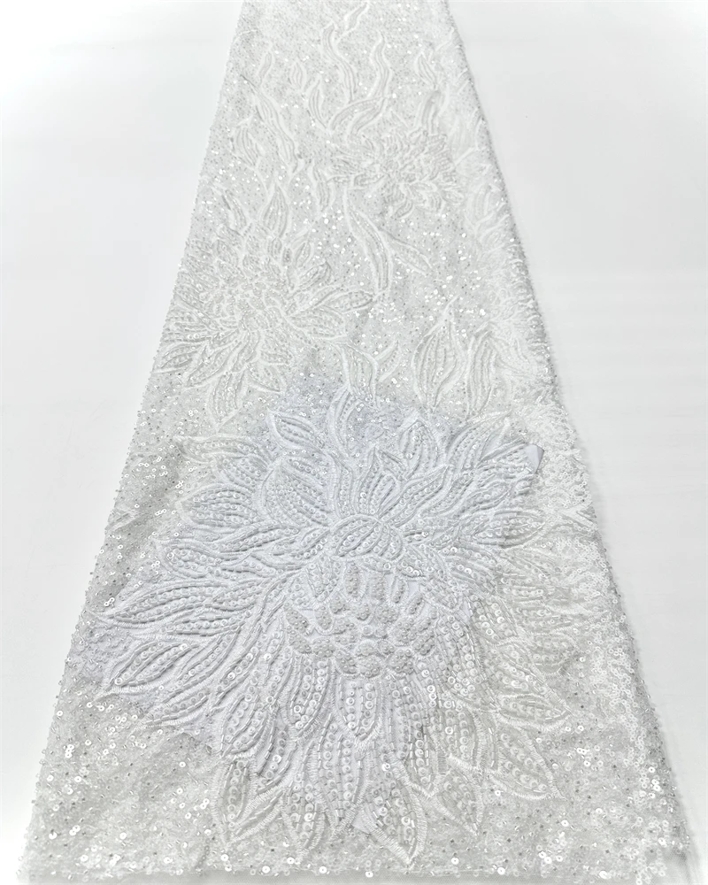 African French Sequined Lace Fabrics  High Quality Tulle Lace Nigerian Beaded Embroidered Dress Material For Party Wedding