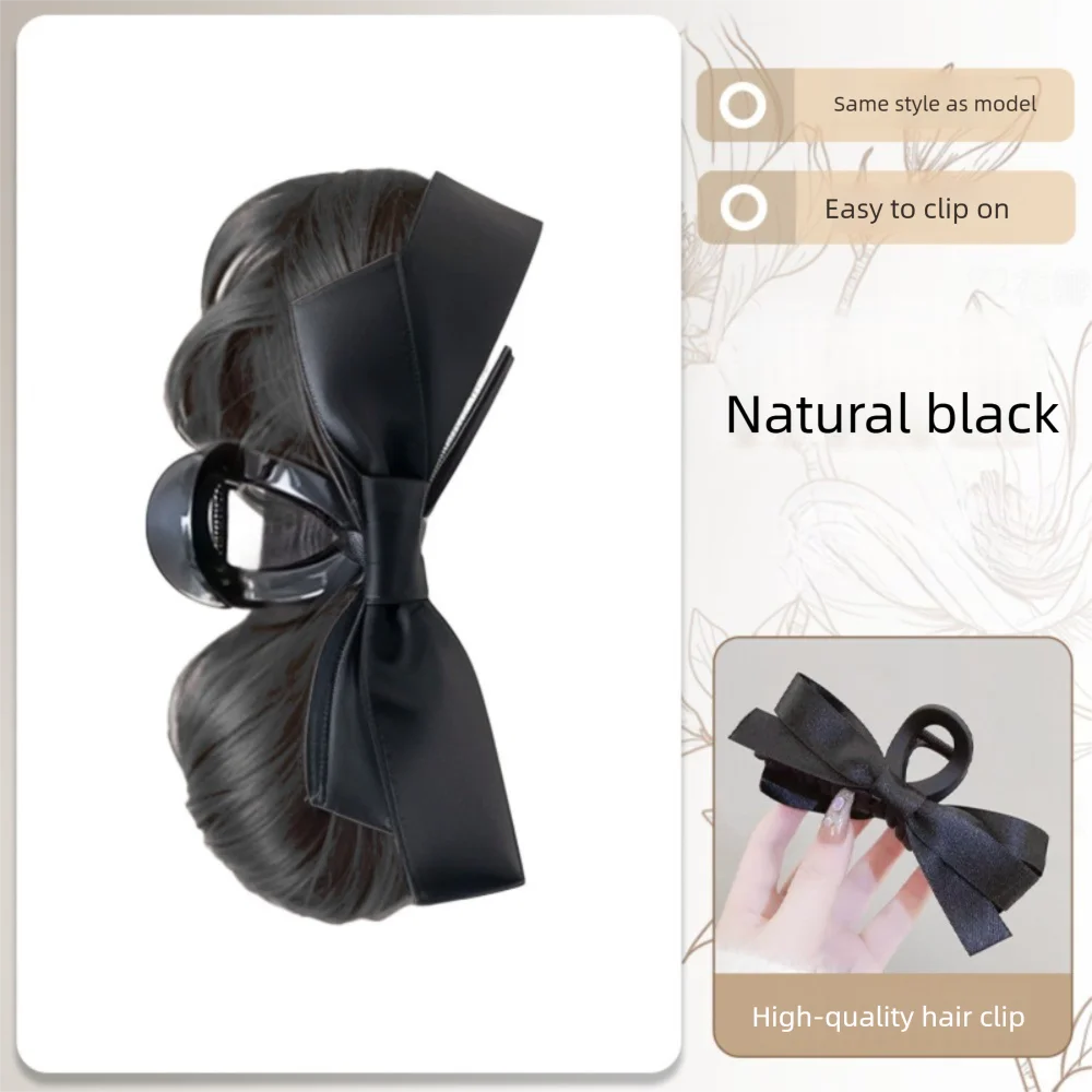 جديد كعكة الشعر الاصطناعية مخلب كليب الأسود مع Bowknot كعكة رئيس شعر مستعار رقيق هيربيسي المرأة