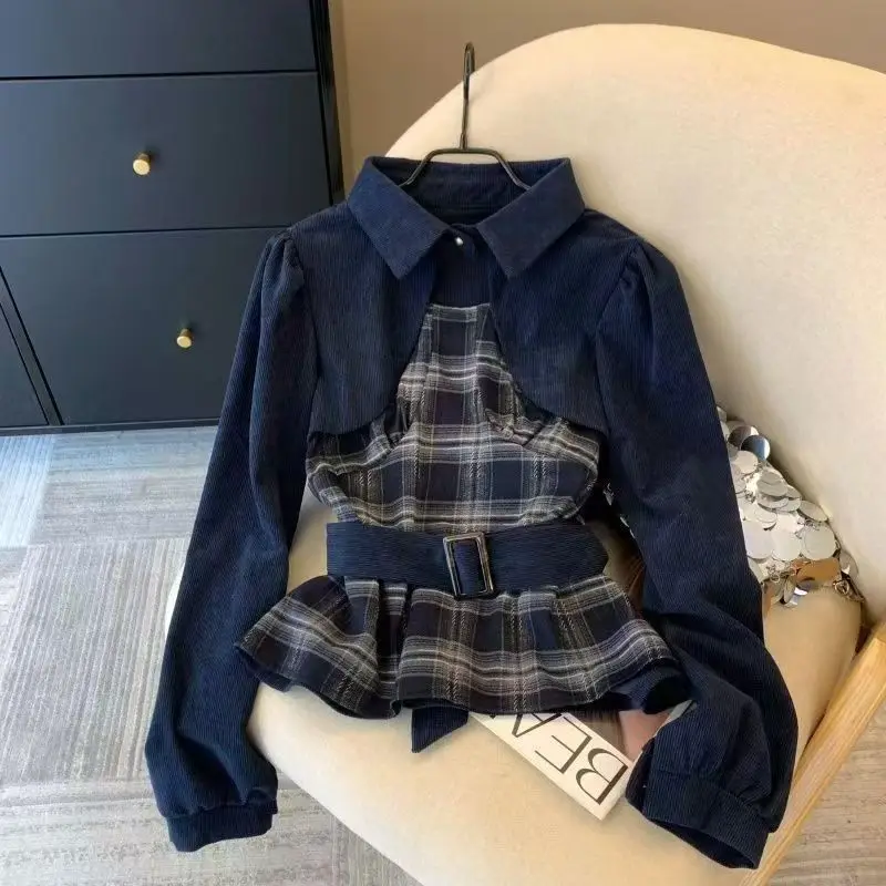 Fake Two Piece Pullover Shirt Maturity Style Hotwife Autumn And Winter New Fashionable Waist Design Casual Collar Contrast Color