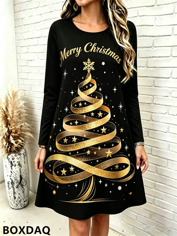 Christmas Tree Pattern Printed Women's Dress New Year Fashion Long Sleeved Round Neck Loose Dress Casual Daily Women's Clothing
