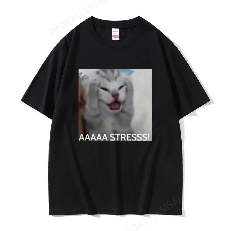 Cute Funny Stressed Cat Meme Tshirt Summer Men Women's Casual Loose Oversized T-shirts Men's  Cotton Short Sleeve T Shirts