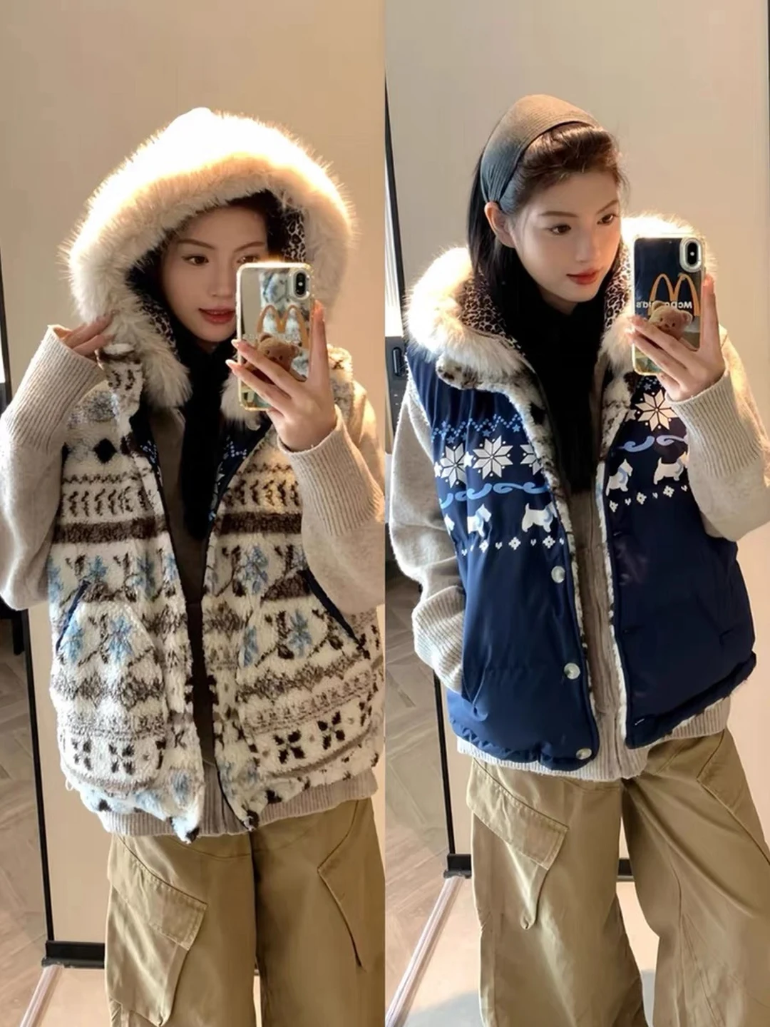 

AN ex Double-Sided Wear Thiened Fce Lamb Fur Jaet Youth Trendy Loose Fit Zipper Closure Stripe Pattern Cotton Vest