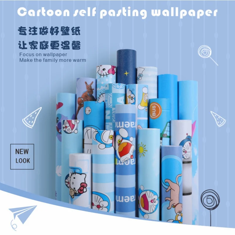 10M Blue Cartoon Pattern Wallpaper For Kids Room Pvc Self-adhesive Waterproof Wall Sticker Boys Girls Dormitory Renovation Decor