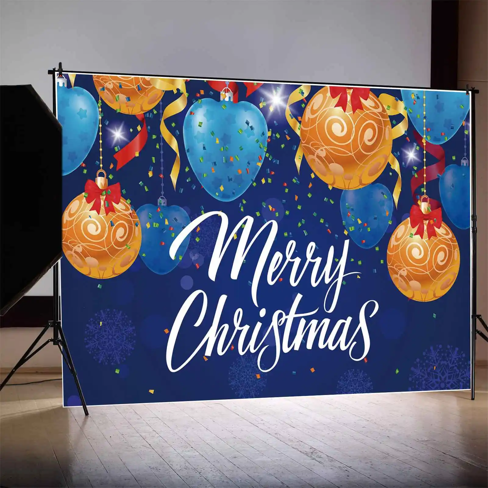 MOON.QG Backdrop Bluey Merry Christmas Party Banner Gold Bell Ball Decoration Background Children's Snowflake Ribbon Photo Booth