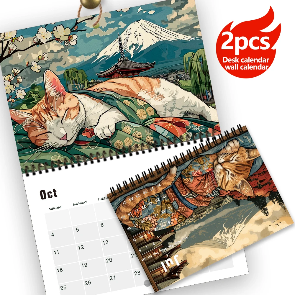

2pcs/1 set 2026 Japanese Cat Theme Desk Calendar and Wall Calendar, 12 Unique Designs, Birthday Christmas New Year Gift