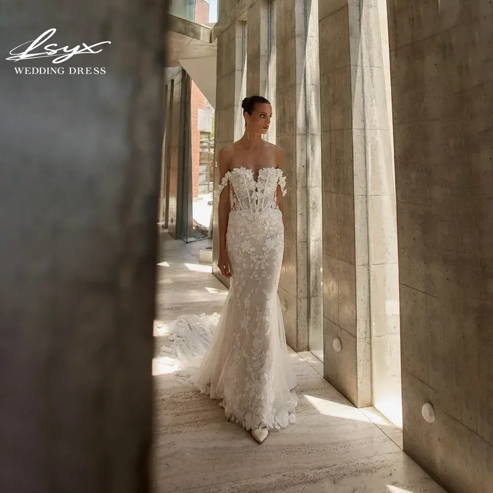 LSYX Aangepaste Zeemeermin Uit De Schouder Open Rug Strapless Vloerlengte Kant 3D Bloem Trouwjurk 2025, Vestidos De Novia