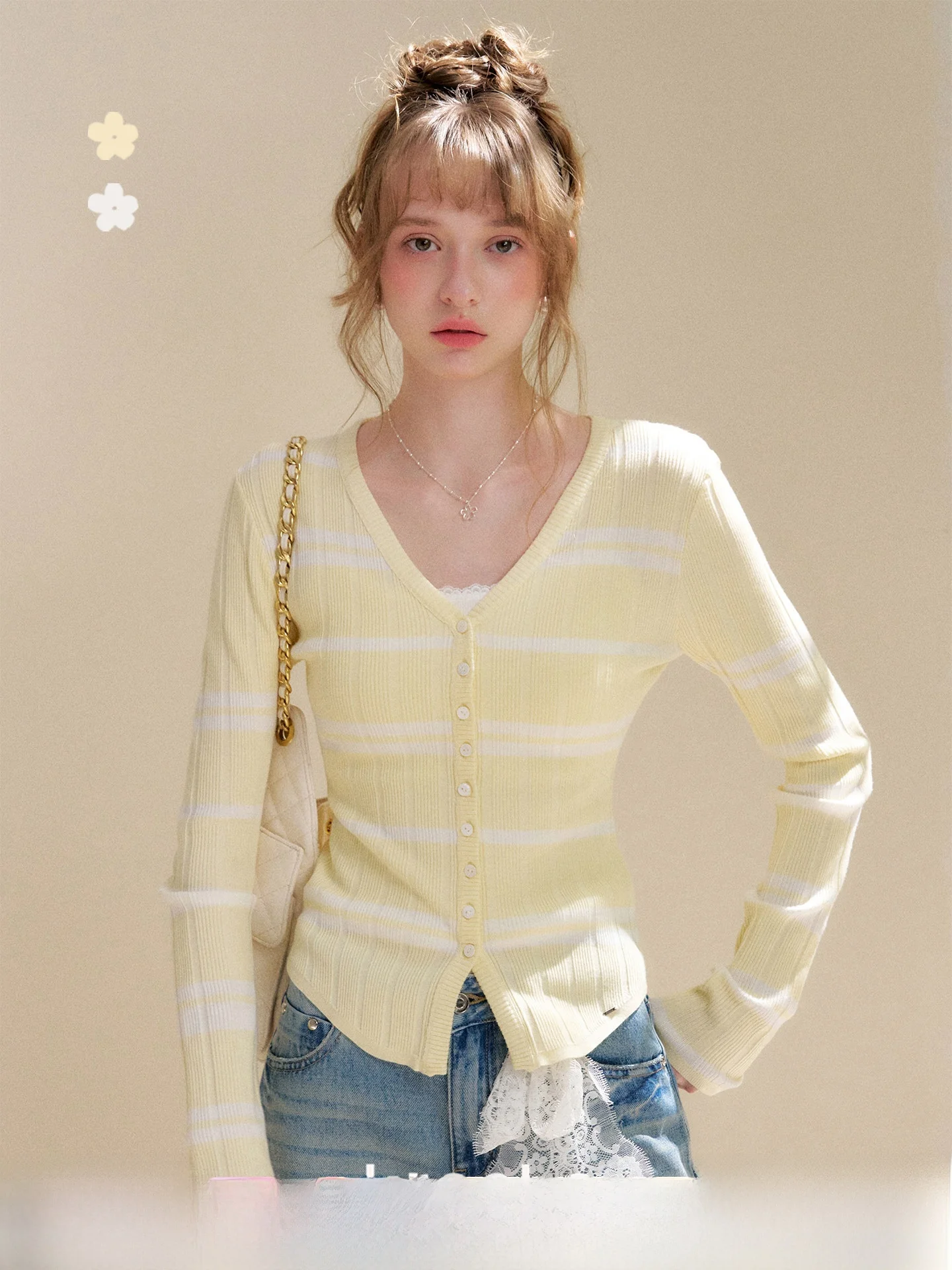 

Kroche Romantic Style Knitted Open Cardigan Lace Hollow out V-Neck Color Block Striped Long Sleeve Women's Fashion Springwear