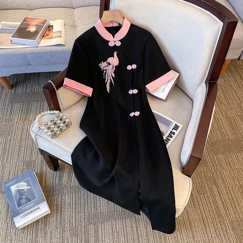 Women Dress Summer Female Stand Collar Short Sleeve Large Size Elegant A Line Black Cotton Embroidered Cheongsam Buttons Vestido