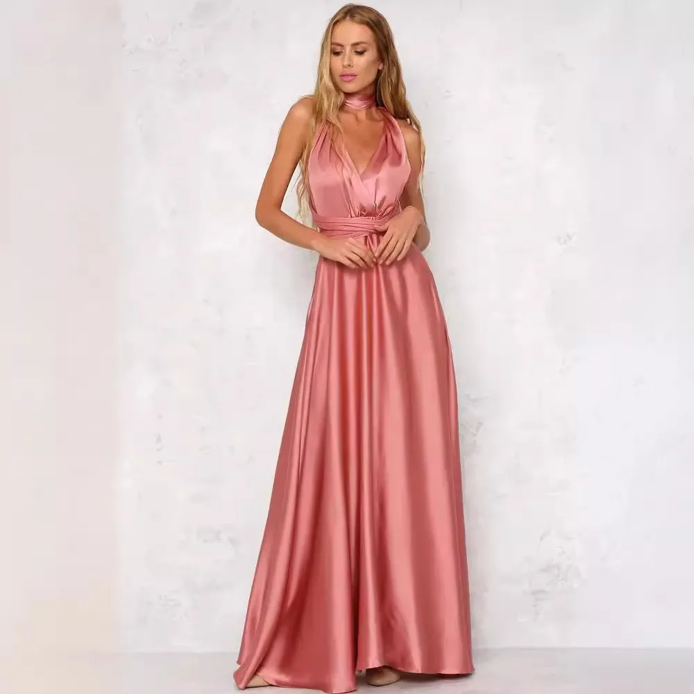 Women's Summer Wedding Guest Dress: Elegant A-Line V Neck Spaghetti Strap Satin Long Party Dress for Prom & Wedding Party