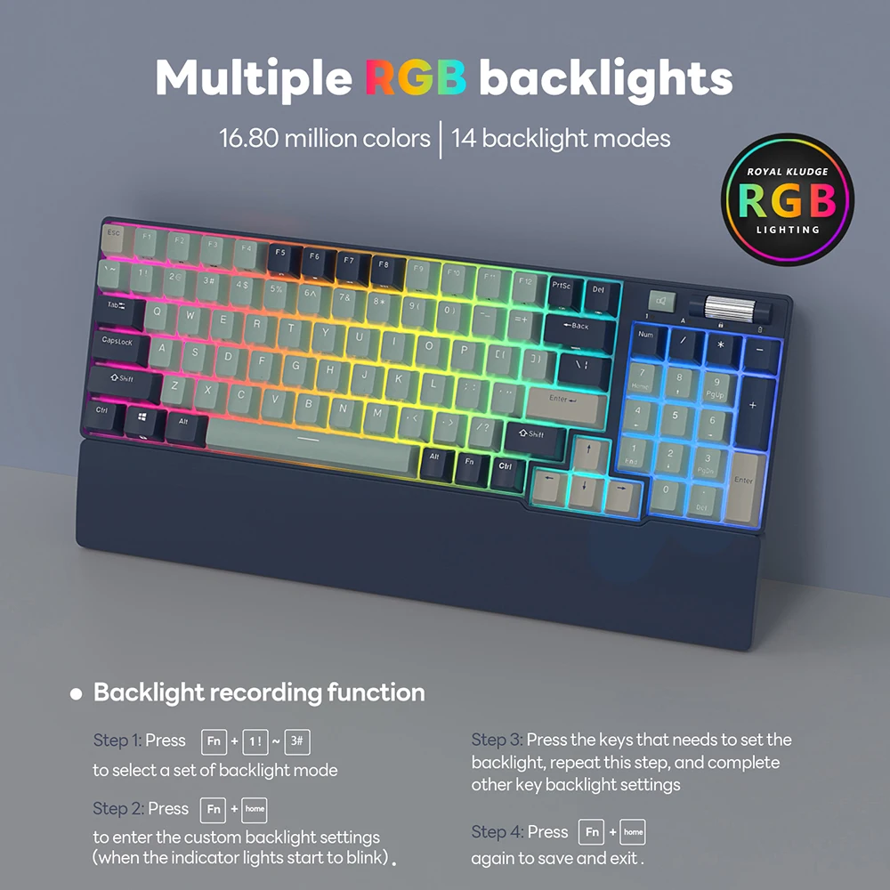 RK ROYAL KLUDGE RK96 RGB ثلاثي الوضع BT5.0/2.4G/USB-C لوحة مفاتيح ميكانيكية قابلة للتبديل السريع 96 مفتاحًا لوحة مفاتيح ألعاب لاسلكية بلوتوث