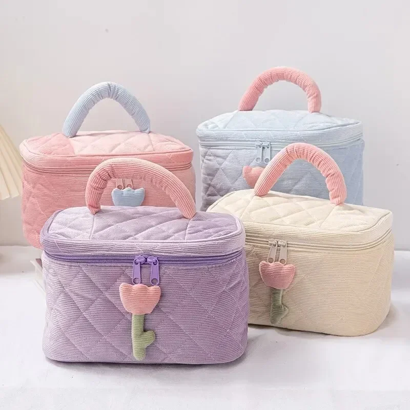 Female Travel Make Up Beauty Case Set Solid Color Flower Makeup Bag Set Zipper Large Soft Corduroy Cosmetic Bag