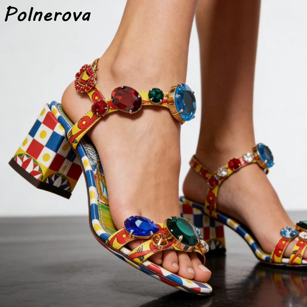 Colorful Gemstone Sandals Block Heel Open Toe Ankle Strap Sicilian Print Luxury Vacation Shoes Women summer retro outdoor shoes