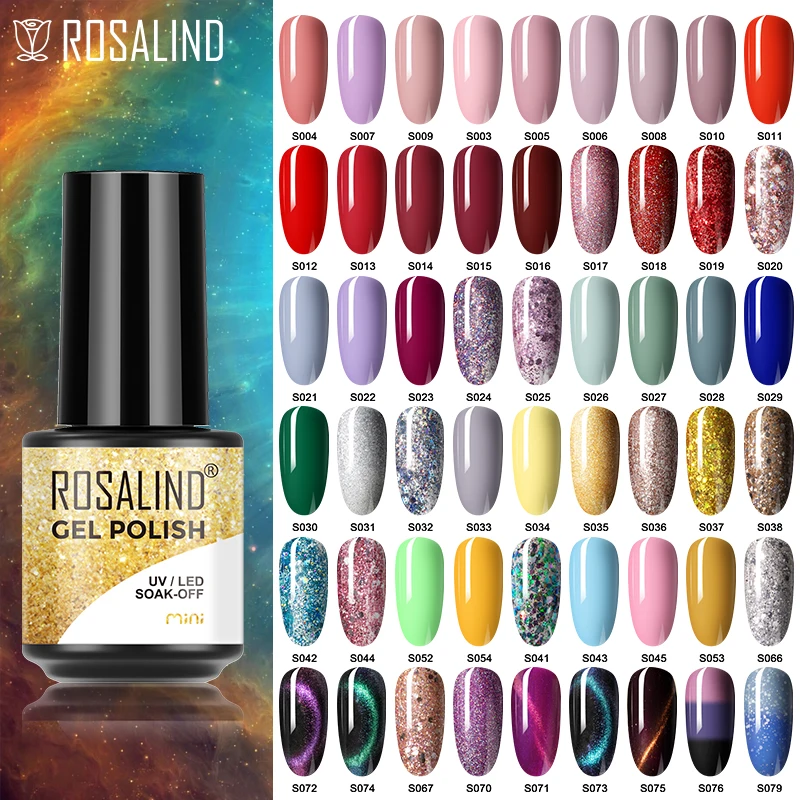 ROSALIND Nail Art Gel Nail Polish Semi Permanent Soak Off Base Top Coat UV Cure Gel Varnishes Mini Bottle 100+Colors