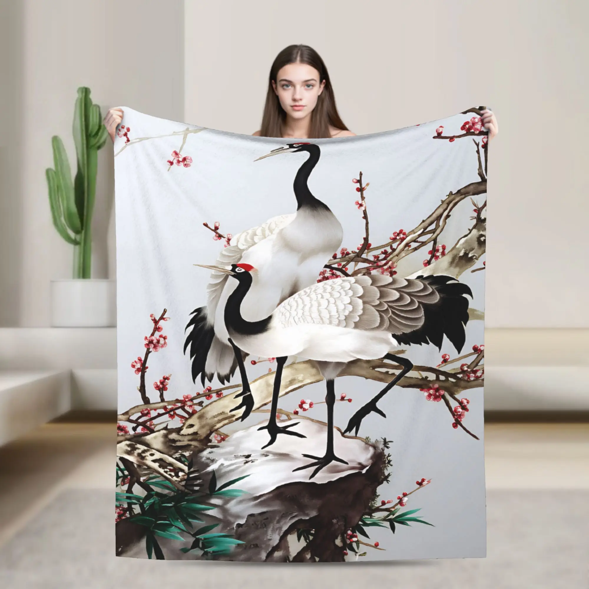 Chinese Style Crane Blankets  Super Soft Street Trend Plush Throw Blanket For Kids Adult Outdoor Flannel Bedspread Bed Cover