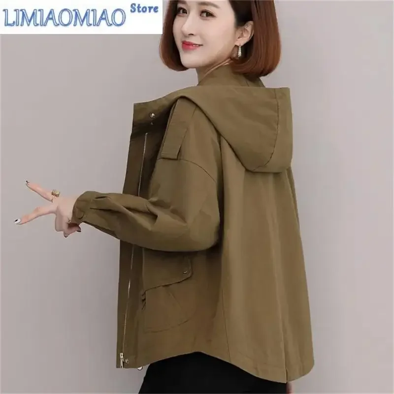 

New 4XL Windbreaker Women Spring And Autumn Hooded Korean version of Loose Short Hooded Coat Silm Casual Pocket Coat Female