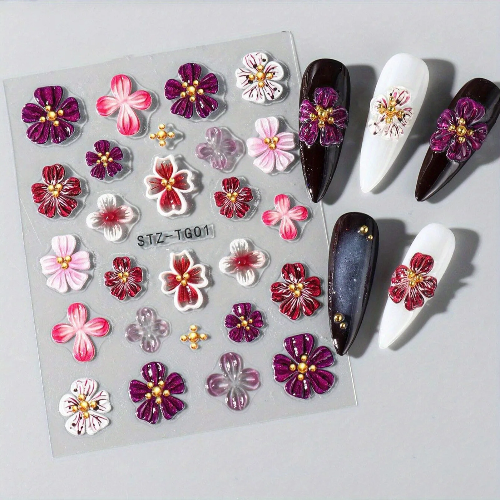 Embossed 5D Flower Nail Stickers Pink/Purple Floral Nail Decal Stickers for DIY Manicure Women Party Wedding Dating Daily Use