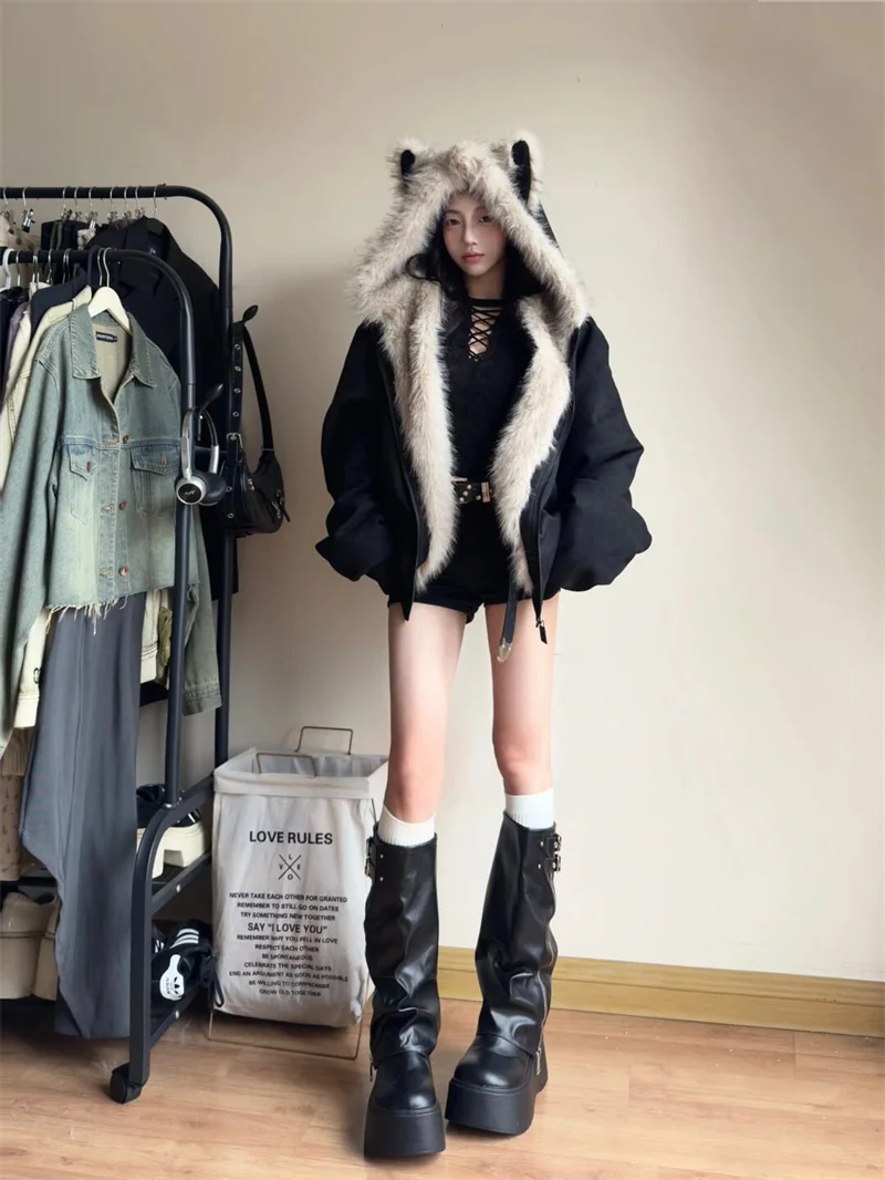 Black Suede Down Collar Hooded Cotton Jacket Women's Winter Quilted Warm Cat's Ears Cat-Ear Shaped Seat Mountain Cardigan Top