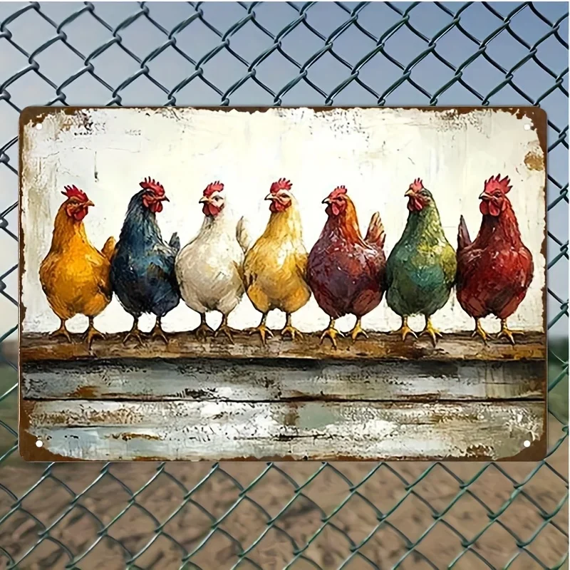 2D Flat, 1pc Vintage Metal Sign | Colorful Hen Portrait Metal Plaque Display | 20*30cm/8*12inch (Excluding Rope & Accessories) |