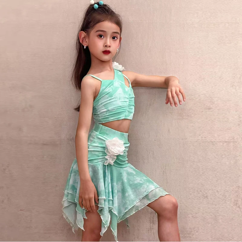 New advanced Latin dance girls' professional performance dress, mint green printed flower Latin dance dress, two-piece set
