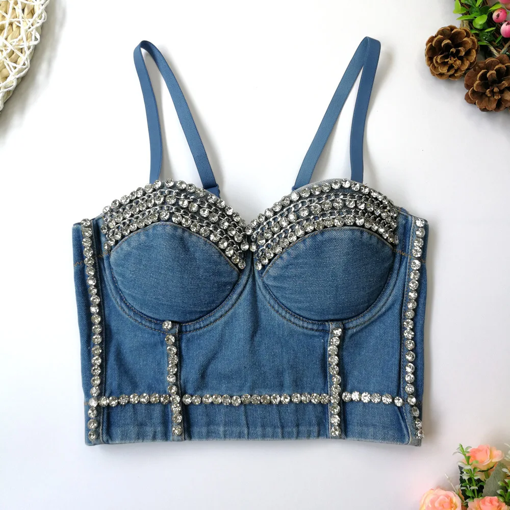 Denim Bead Sling Vest Free Underwear Spice Girls Trend Fashion Stage Performance Bra Bright Diamond DJ DJing Chest Wrap