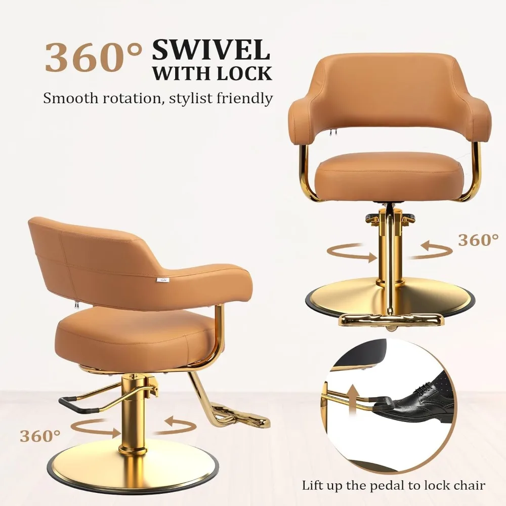 كراسي حلاقة OmySalon لكرسي تصفيف الشعر باللونين البني والذهبي، كرسي صالون لمصفف الشعر مضخة هيدروليكية شديدة التحمل، 360 درجة ° #6