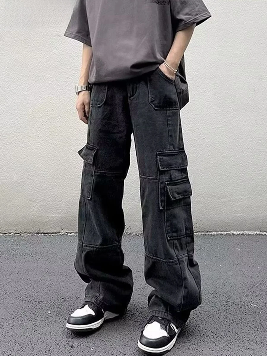 

NELY American High Street Loose Wide Leg Jeans Multi ket Workwear Denim Pants for Men And Women Long Trousers