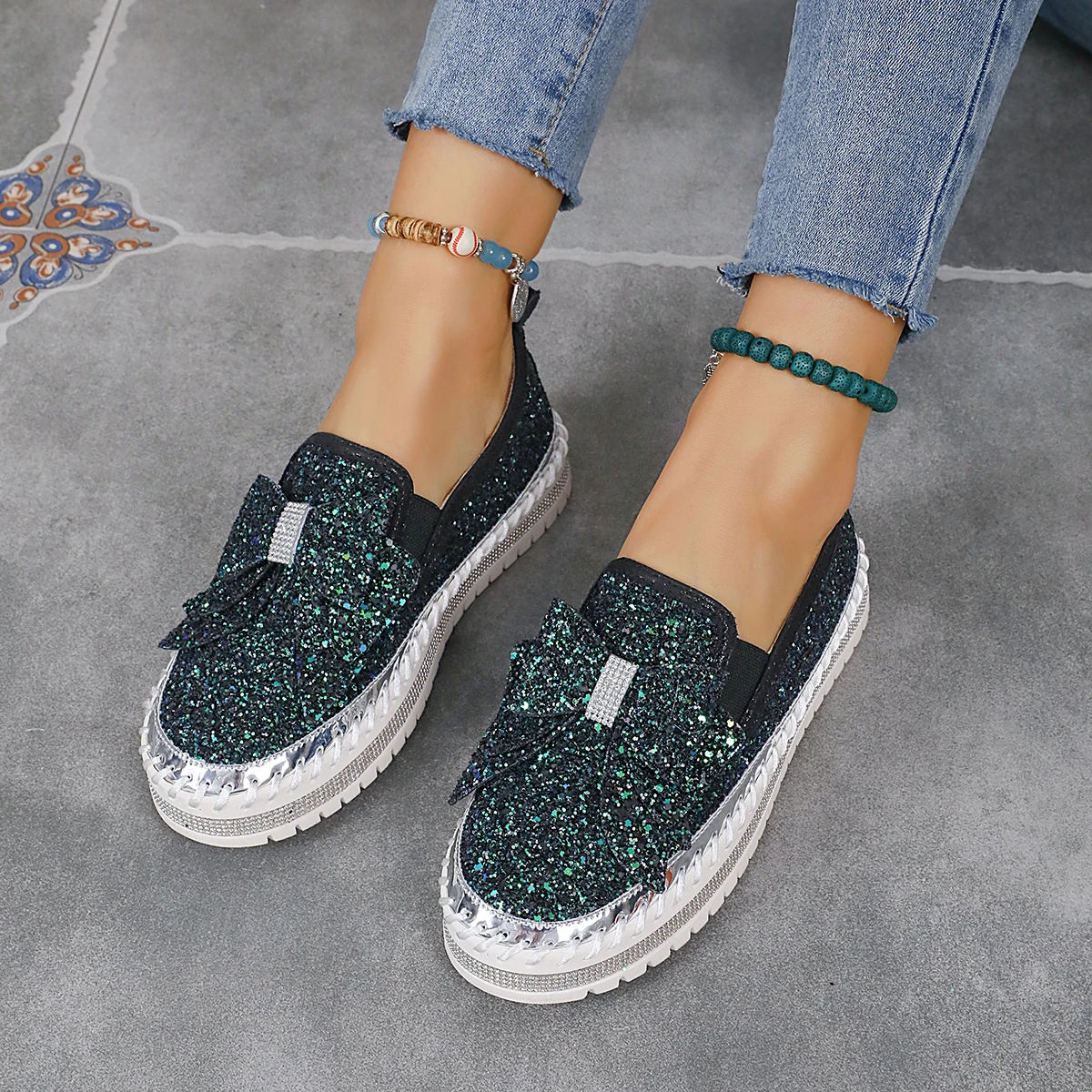 Luxury Designer Shoes Ladies Flat Sequined Sneakers Casual Women\'s Mesh Lace-up Fine Diamond Sequins Platform Vulcanized Shoes