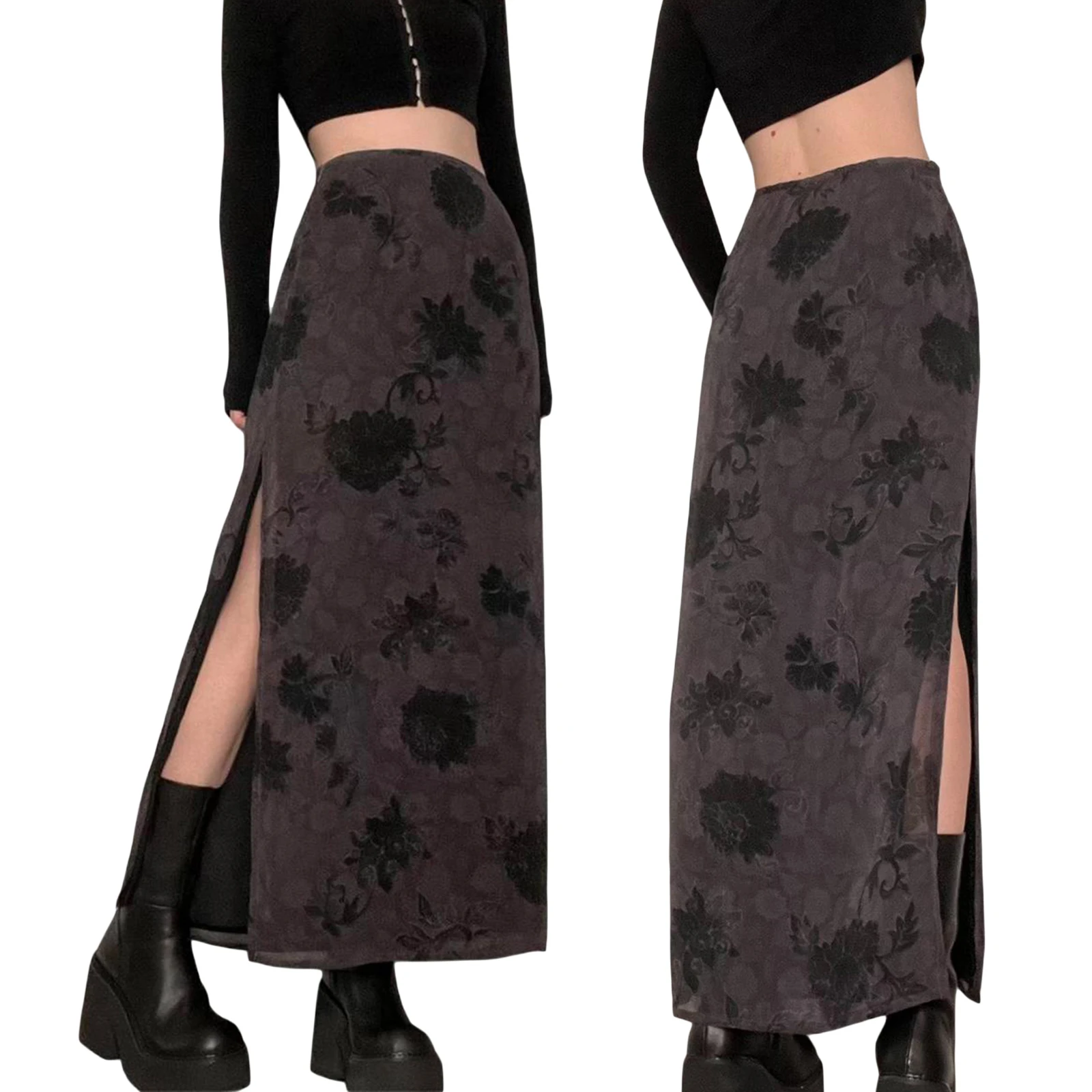 Women Gothic Grunge Y2K Skirts High Waist Floral Split Bodycon Long Skirt 2023 Summer Casual Bohemian Streetwear